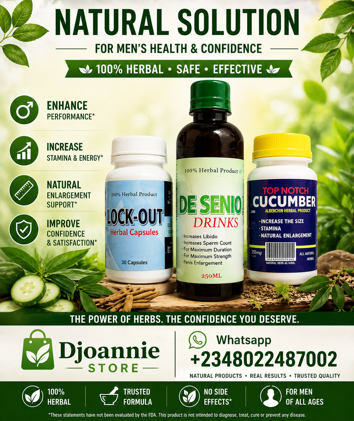De Senior Men Drink+Nock Out Herbal Capsule+Topnotch Cucumber Cream for Penis Enlargement
